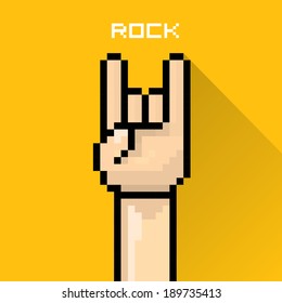Vector Flat Pixel Art Hand Sign Rock N Roll Music On On Stylish Orange Grunge Background. Rock N Roll Icon