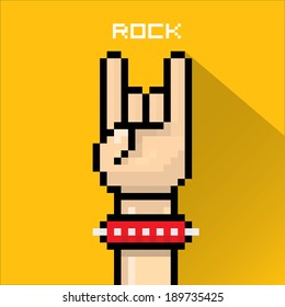 Vector Flat Pixel Art Hand Sign Rock N Roll Music On On Stylish Orange Grunge Background. Rock N Roll Icon