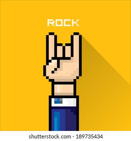 vector flat pixel art hand sign rock n roll music on on stylish orange grunge background. rock n roll icon