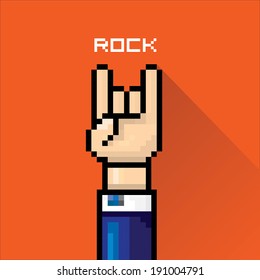 vector flat pixel art hand sign rock n roll music on on stylish red grunge background. rock n roll icon