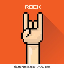 vector flat pixel art hand sign rock n roll music on on stylish red grunge background. rock n roll icon