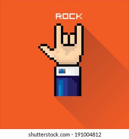 vector flat pixel art hand sign rock n roll music on on stylish red grunge background. rock n roll icon