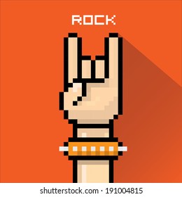 vector flat pixel art hand sign rock n roll music on on stylish red grunge background. rock n roll icon