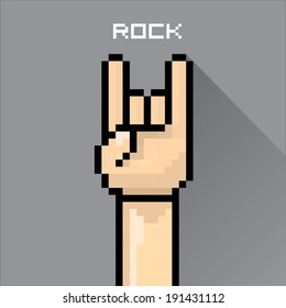 vector flat pixel art hand sign rock n roll music on on stylish grey grunge background. rock n roll icon
