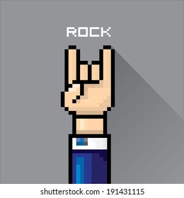 vector flat pixel art hand sign rock n roll music on on stylish grey grunge background. rock n roll icon