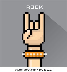 vector flat pixel art hand sign rock n roll music on on stylish grey grunge background. rock n roll icon