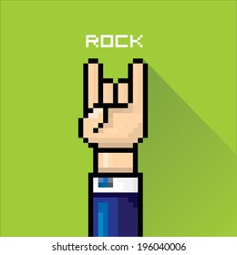 vector flat pixel art hand sign rock n roll music on on stylish green grunge background. rock n roll icon