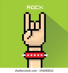 vector flat pixel art hand sign rock n roll music on on stylish green grunge background. rock n roll icon