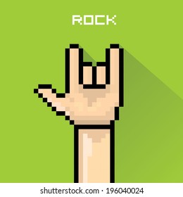 vector flat pixel art hand sign rock n roll music on on stylish green grunge background. rock n roll icon