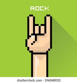 vector flat pixel art hand sign rock n roll music on on stylish green grunge background. rock n roll icon