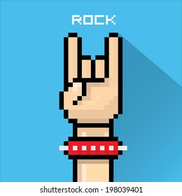 vector flat pixel art hand sign rock n roll music on on stylish blue grunge background. rock n roll icon