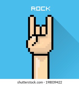 vector flat pixel art hand sign rock n roll music on on stylish blue grunge background. rock n roll icon