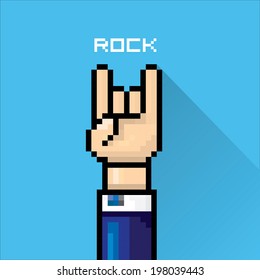 vector flat pixel art hand sign rock n roll music on on stylish blue grunge background. rock n roll icon