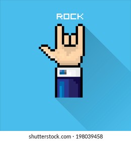 vector flat pixel art hand sign rock n roll music on on stylish blue grunge background. rock n roll icon