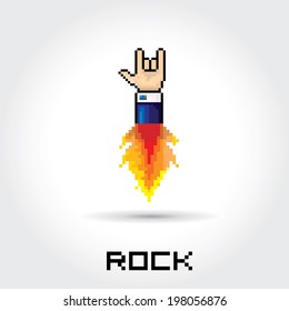 vector flat pixel art hand sign rock n roll music on on stylish grey grunge background. rock n roll icon with fire