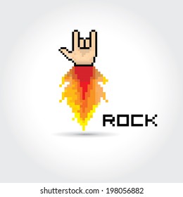 vector flat pixel art hand sign rock n roll music on on stylish grey grunge background. rock n roll icon with fire