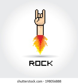 vector flat pixel art hand sign rock n roll music on on stylish grey grunge background. rock n roll icon with fire