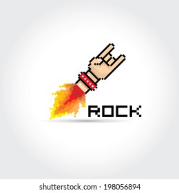 vector flat pixel art hand sign rock n roll music on on stylish grey grunge background. rock n roll icon with fire