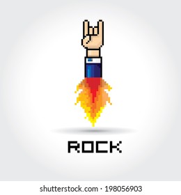 vector flat pixel art hand sign rock n roll music on on stylish grey grunge background. rock n roll icon with fire