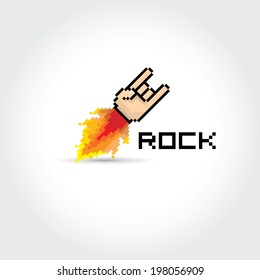 vector flat pixel art hand sign rock n roll music on on stylish grey grunge background. rock n roll icon with fire