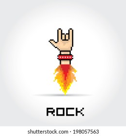 vector flat pixel art hand sign rock n roll music on on stylish grey grunge background. rock n roll icon with fire