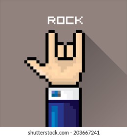 vector flat pixel art hand sign rock n roll music on on stylish grey grunge background. rock n roll icon
