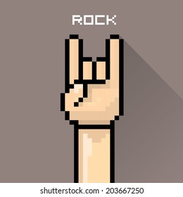 vector flat pixel art hand sign rock n roll music on on stylish grey grunge background. rock n roll icon