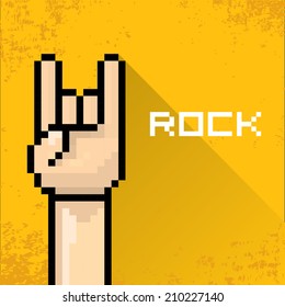 vector flat pixel art hand sign rock n roll music on on stylish orange grunge background. rock n roll icon