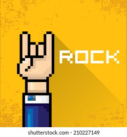 vector flat pixel art hand sign rock n roll music on on stylish orange grunge background. rock n roll icon