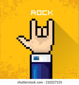 vector flat pixel art hand sign rock n roll music on on stylish orange grunge background. rock n roll icon