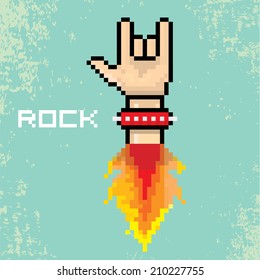 vectorial de píxeles planos de la mano signo de rock en rollo sobre un fondo elegante. icono de rock n roll con fuego