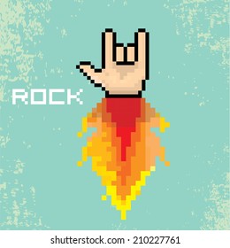 vector flat pixel art hand sign rock n roll music on on stylish grunge background. rock n roll icon with fire