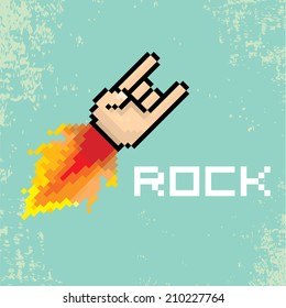 vector flat pixel art hand sign rock n roll music on on stylish grunge background. rock n roll icon with fire