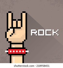 vector flat pixel art hand sign rock n roll music on on stylish grey grunge background. rock n roll icon