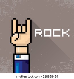 vector flat pixel art hand sign rock n roll music on on stylish grey grunge background. rock n roll icon