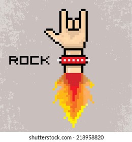 vector flat pixel art hand sign rock n roll music on on stylish grunge background. rock n roll icon with fire