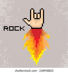 vector flat pixel art hand sign rock n roll music on on stylish grunge background. rock n roll icon with fire