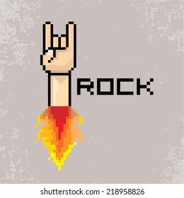 vector flat pixel art hand sign rock n roll music on on stylish grunge background. rock n roll icon with fire