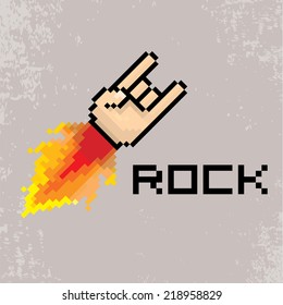 vector flat pixel art hand sign rock n roll music on on stylish grunge background. rock n roll icon with fire