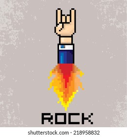 vector flat pixel art hand sign rock n roll music on on stylish grunge background. rock n roll icon with fire