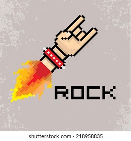 vector flat pixel art hand sign rock n roll music on on stylish grunge background. rock n roll icon with fire