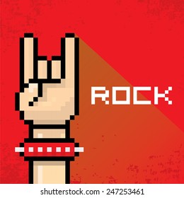 vector flat pixel art hand sign rock n roll music on on stylish red grunge background. rock n roll icon