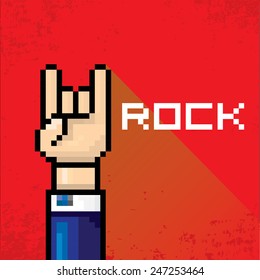 vector flat pixel art hand sign rock n roll music on on stylish red grunge background. rock n roll icon