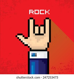 vector flat pixel art hand sign rock n roll music on on stylish red grunge background. rock n roll icon
