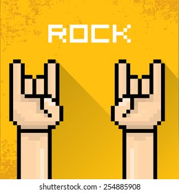 vector flat pixel art hand sign rock n roll music . rock n roll icon
