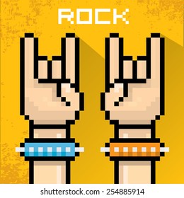 vector flat pixel art hand sign rock n roll music . rock n roll icon