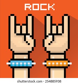 vector flat pixel art hand sign rock n roll music . rock n roll icon