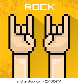 vector flat pixel art hand sign rock n roll music . rock n roll icon