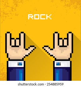 vector flat pixel art hand sign rock n roll music . rock n roll icon