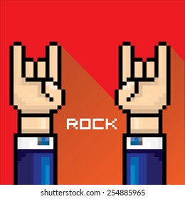 vector flat pixel art hand sign rock n roll music . rock n roll icon